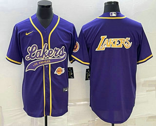 Mens Los Angeles Lakers Purple Big Logo With Patch Cool Base Stitched Baseball Jerseys